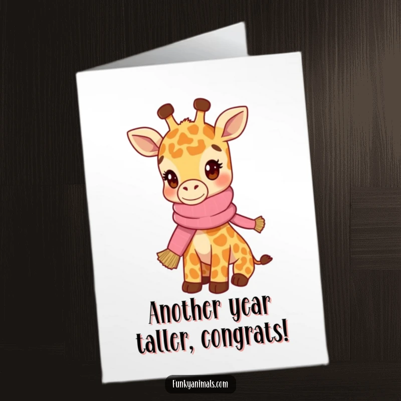 Funny Free Printable Birthday Card: A hip giraffe cub wearing a knitted scarf bobs its head with cool confidence.