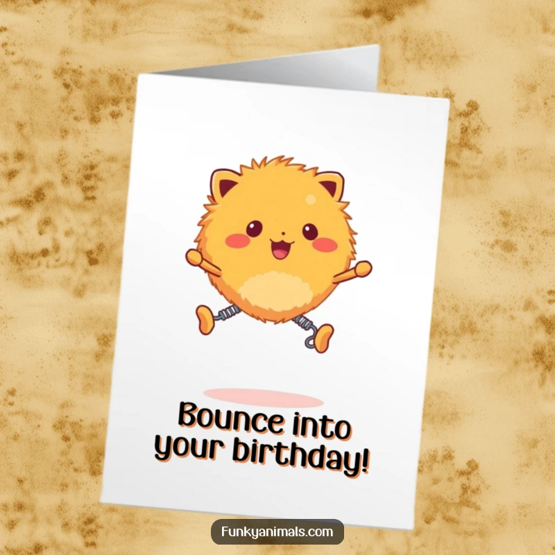 Funny Free Printable Birthday Card: Fuzzy orange creature with spring legs energetically bounces with birthday excitement.
