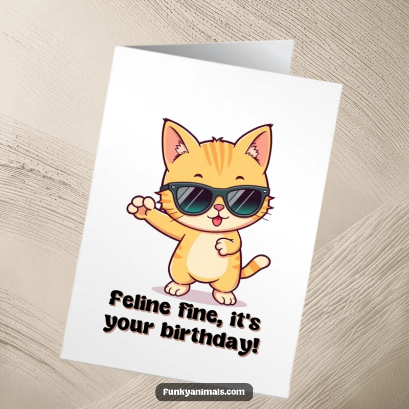 Funny free printable birthday card of a cool cat in sunglasses breakdancing with sunglasses and a funky dance move.