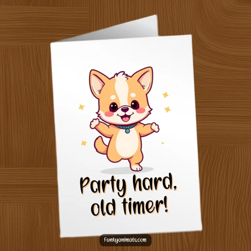 Funny Free Printable Birthday Card: A joyful dog cub dances energetically with a boombox, showing off groovy moves.