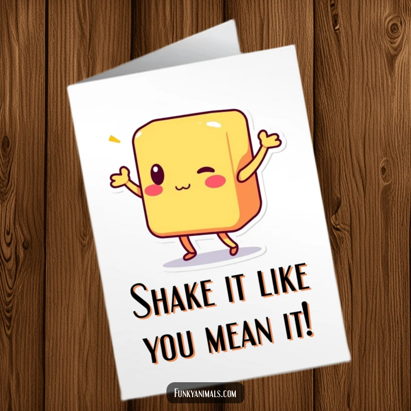 Funny Free Printable Birthday Card: Colorful block character busting out a joyous shimmy dance, ready to celebrate.