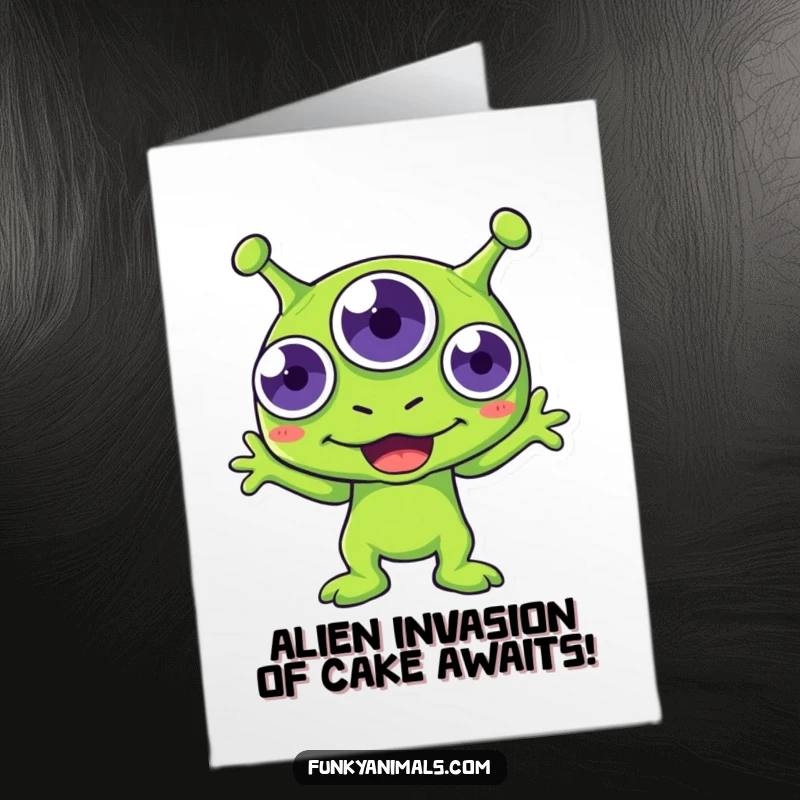 Funny Free Printable Birthday Card: Green alien with three eyes joyfully boogies, spreading infectious laughter and birthday cheer.