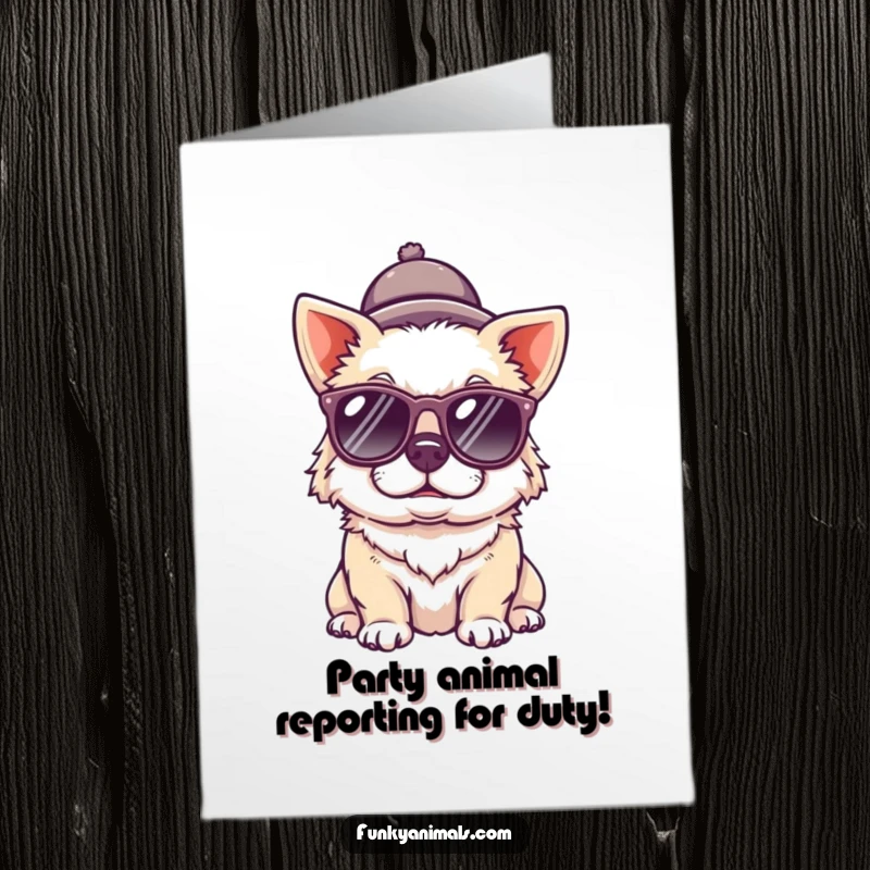 Funny Free Printable Birthday Card featuring a cool dog in sunglasses and a hat, ready to party.