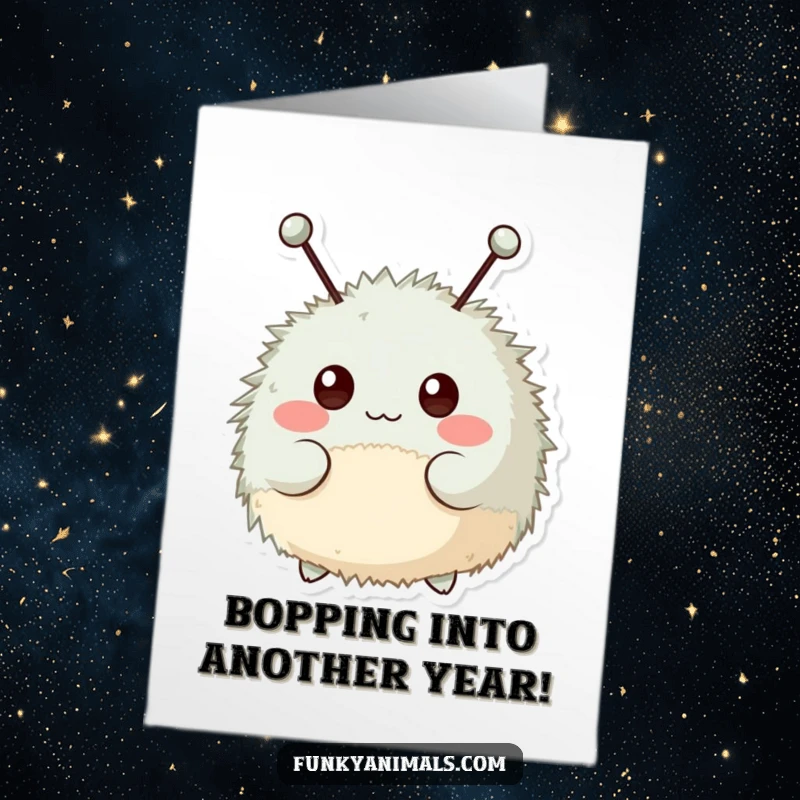 Funny Free Printable Birthday Card: Fuzzy round creature with antennae bopping its head to a happy birthday rhythm.