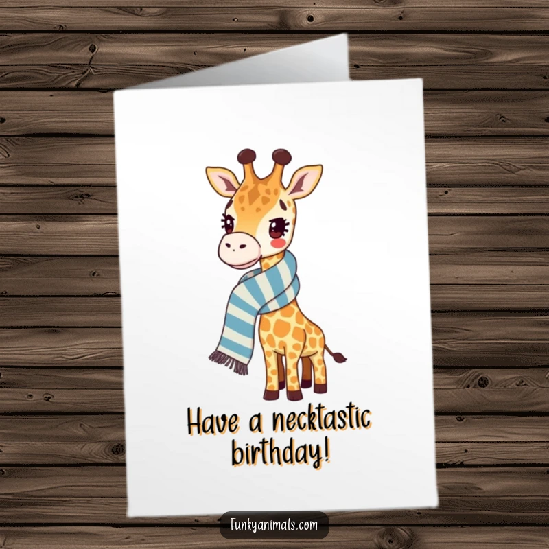 Funny Free Printable Birthday Card: A giraffe sports an extremely long striped scarf, waving hello.