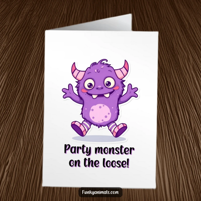 Funny Free Printable Birthday Card: Purple monster with mismatched socks does a hilarious silly dance for a birthday celebration.
