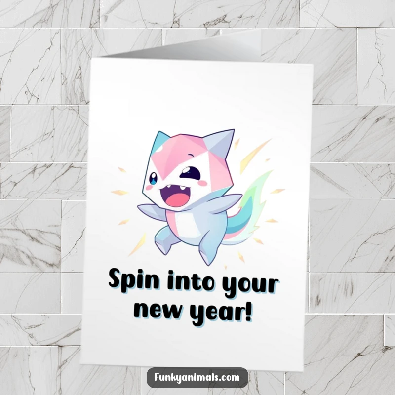 Funny Free Printable Birthday Card: a geometric creature with glowing edges spinning wildly with pure birthday excitement.