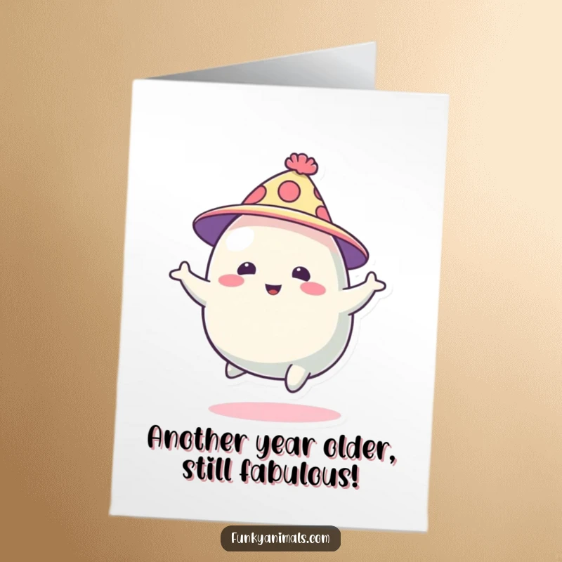 Funny Free Printable Blob Creature Card: Abstract blob in a funky hat bouncing with joy, perfect for birthdays.