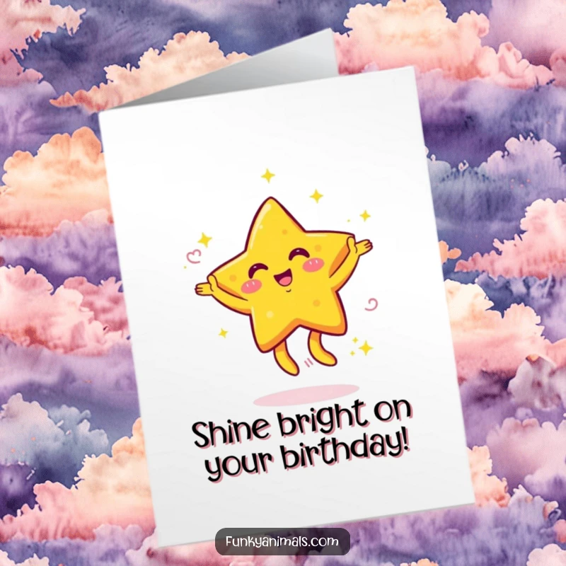 Funny Free Printable Birthday Card featuring a bright yellow star character with swirling arms dancing with infectious energy.