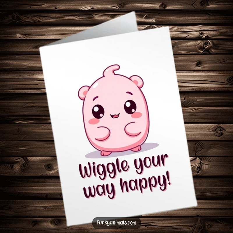 Funny free printable birthday card: a pink, squishy being with large googly eyes wiggling its body with joy.