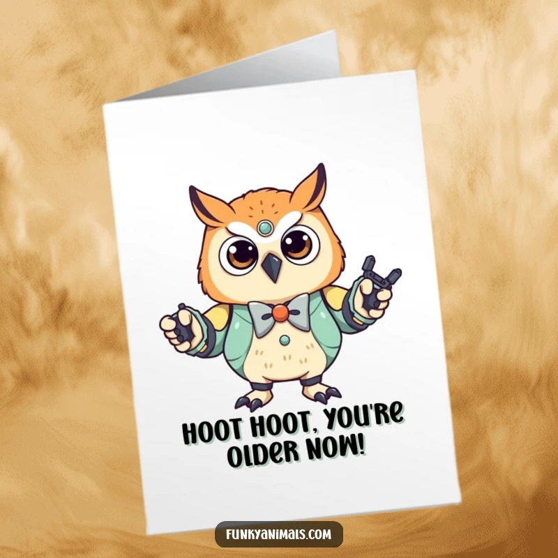 Funny Free Printable Owl Birthday Card: A stylish cub in a bowtie doing the robot dance, ready to party.