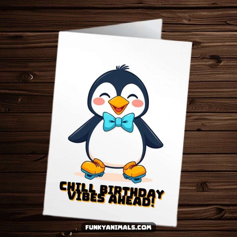 Funny Free Printable Birthday Card: Goofy penguin rocking roller skates and a charming bow tie, celebrating with flair.