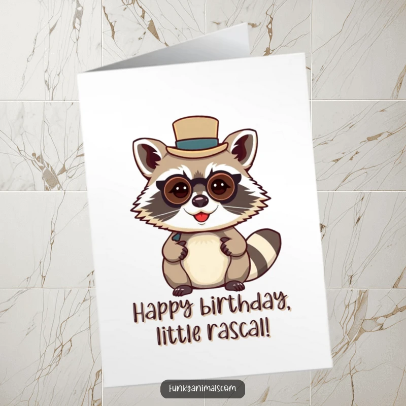 Funny Free Printable Birthday Card: Mischievous raccoon wearing a tiny top hat and monocle, looking dapper. A charming downloadable greeting.