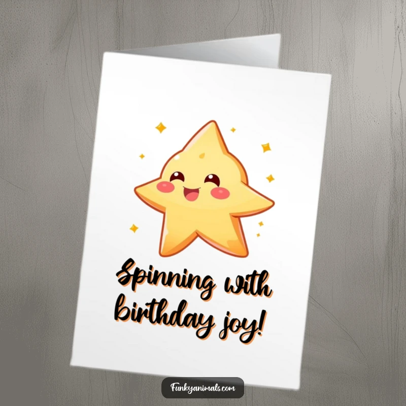 Funny Free Printable Birthday Card: Sparkly orange star creature spinning with delight, a celestial downloadable greeting.