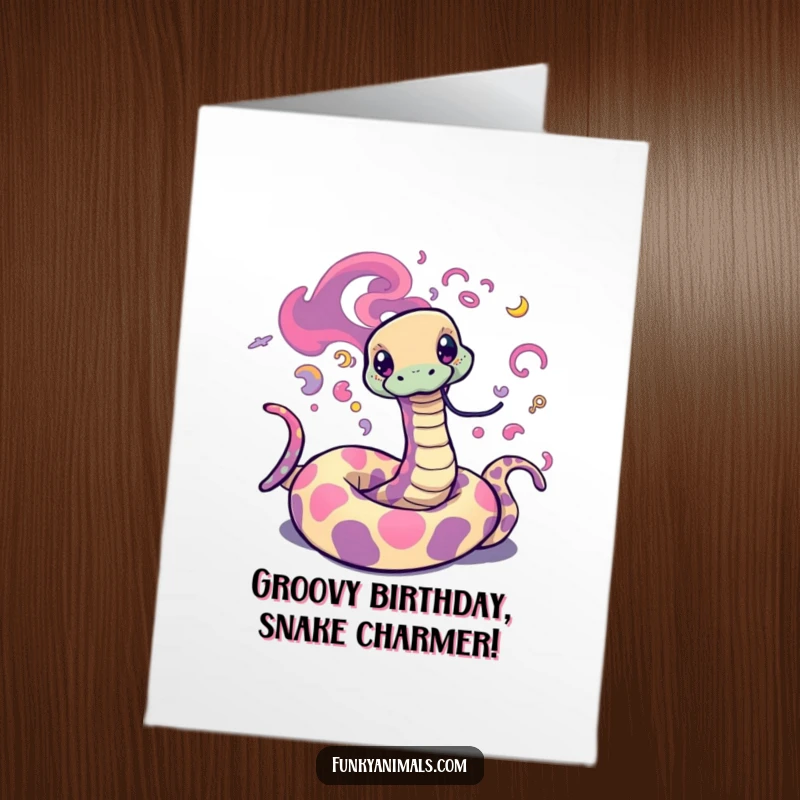 Funny Free Printable Birthday Card: Psychedelic snake with swirling patterns grooving out, radiating groovy birthday vibes.
