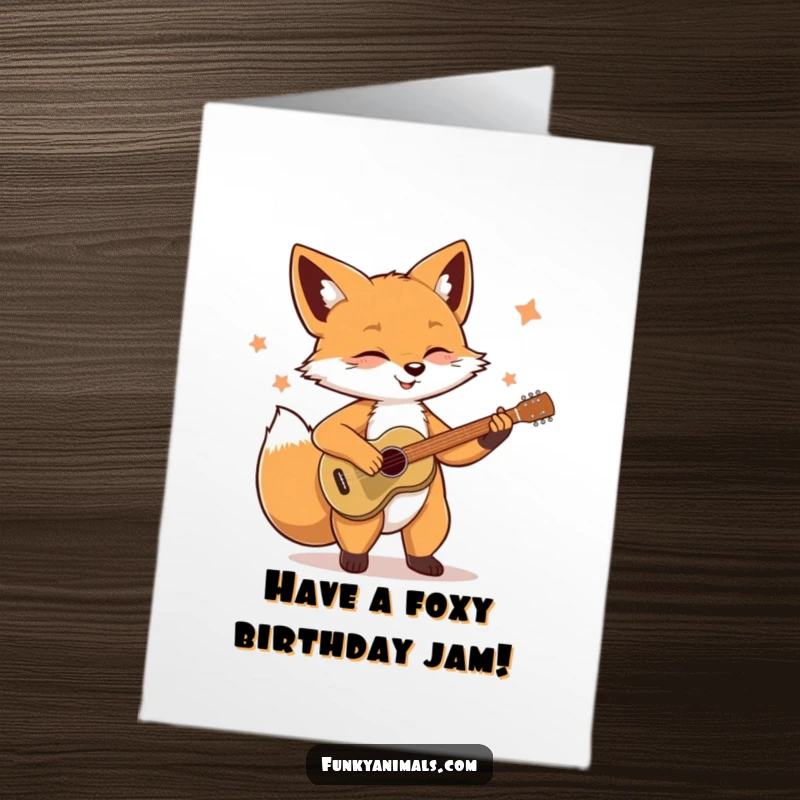 Funny Free Printable Birthday Card: A cool fox with a guitar, strumming passionately with eyes closed, conveying soulful birthday wishes.