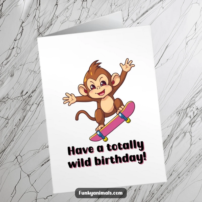 Funny Free Printable Birthday Card: Mischievous monkey on a skateboard catching air, performing an awesome trick with a grin.