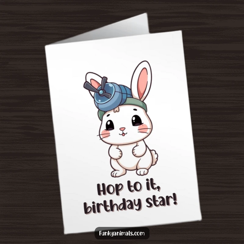 Funny Free Printable Birthday Card: A rabbit wearing a propeller beanie, looking eager and ready to take flight for birthday fun.