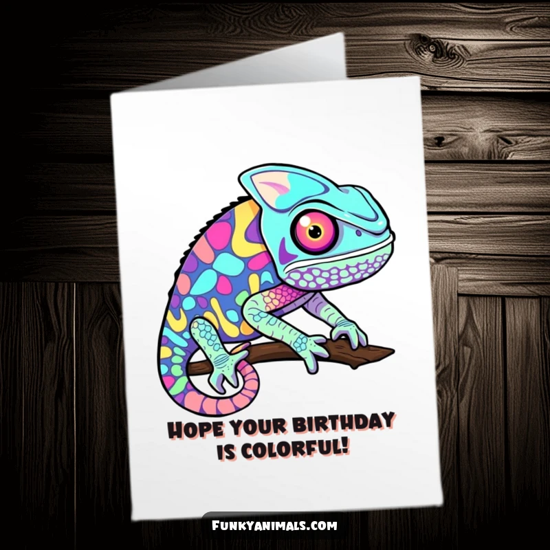 Funny Free Printable Birthday Card featuring a chameleon with swirling psychedelic patterns, looking amazed.