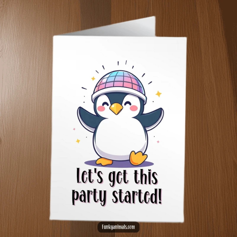 Funny Free Printable Birthday Card: A penguin in a disco ball helmet spins wildly, ready to celebrate your special day.