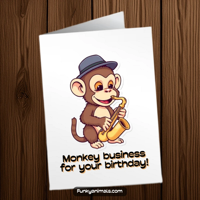 Funny Free Printable Birthday Card: A funky monkey in a tiny fedora plays a miniature saxophone with cool jazz vibes.