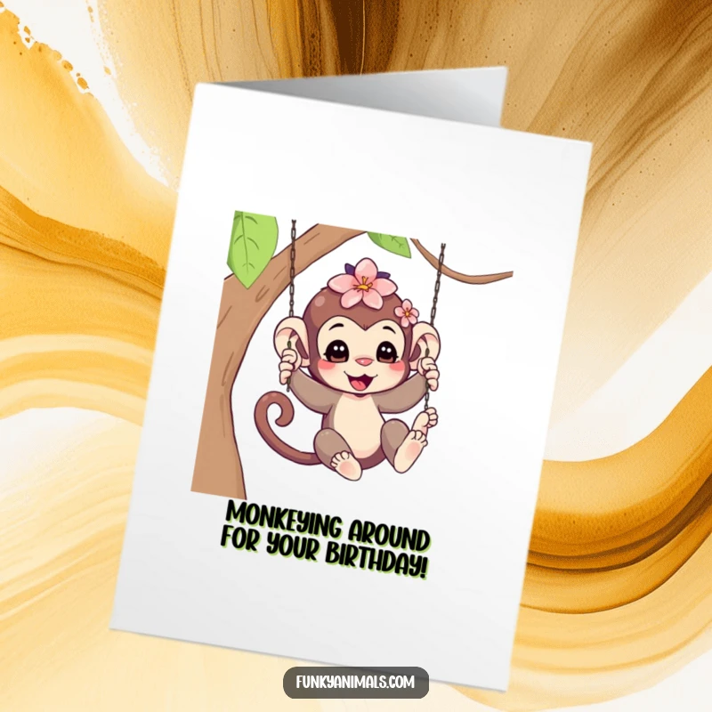 Funny Free Printable Monkey Birthday Card: A cute monkey cub swinging joyfully, flower in hair, celebrating a birthday.