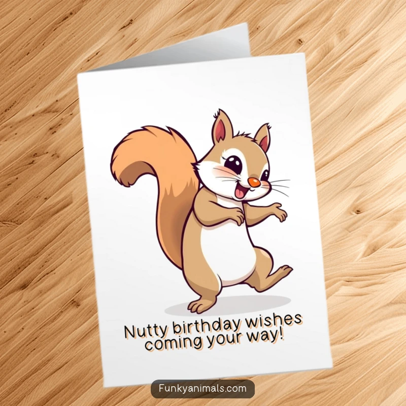 Funny free printable birthday card of a breakdancing squirrel spinning on its tail, looking groovy and energetic.