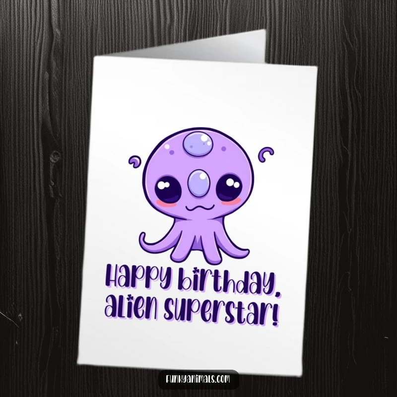 Funny Free Printable Birthday Card: Purple alien with three eyes wiggling tentacles, sending intergalactic birthday cheer