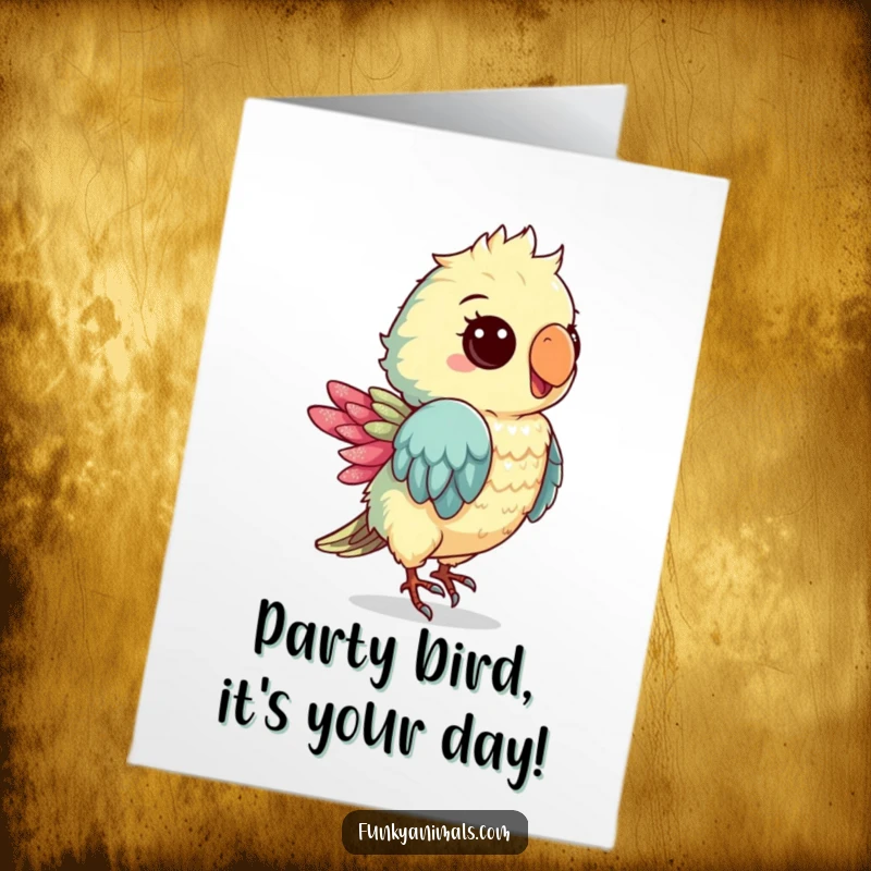 Funny Free Printable Birthday Card: A groovy parrot cub with a shimmery feather enthusiastically dancing to the birthday beat.