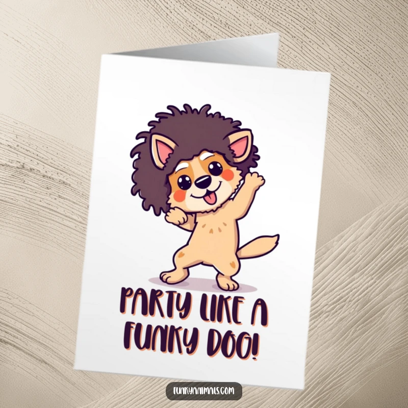 Funny Free Printable Birthday Card featuring a funky dog in an afro wig breakdancing with awesome, energetic moves.