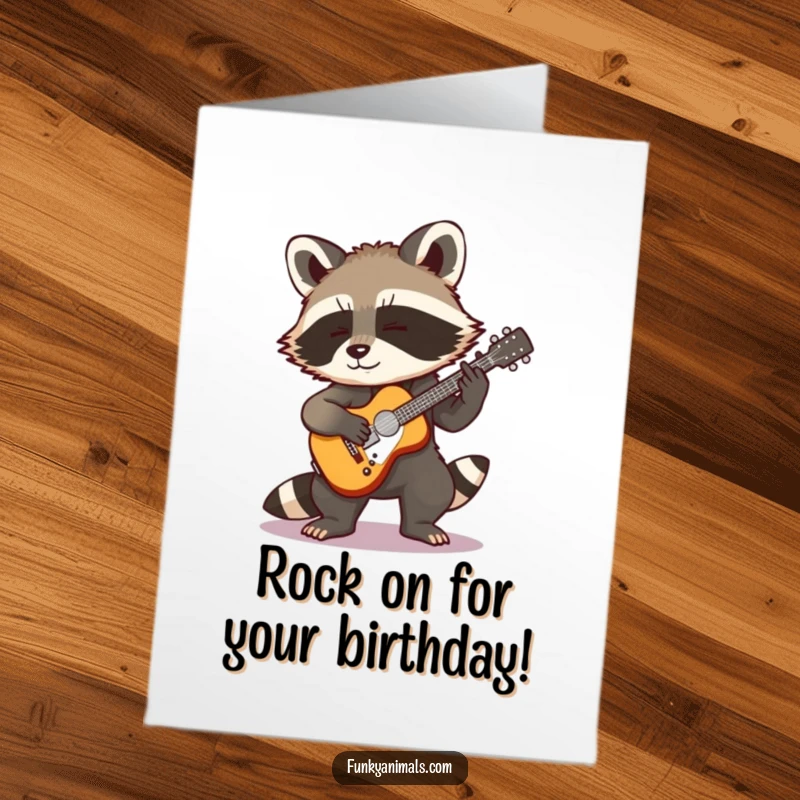 Funny Free Printable Raccoon Birthday Card: A cool raccoon cub shredding a tiny guitar for a birthday bash.