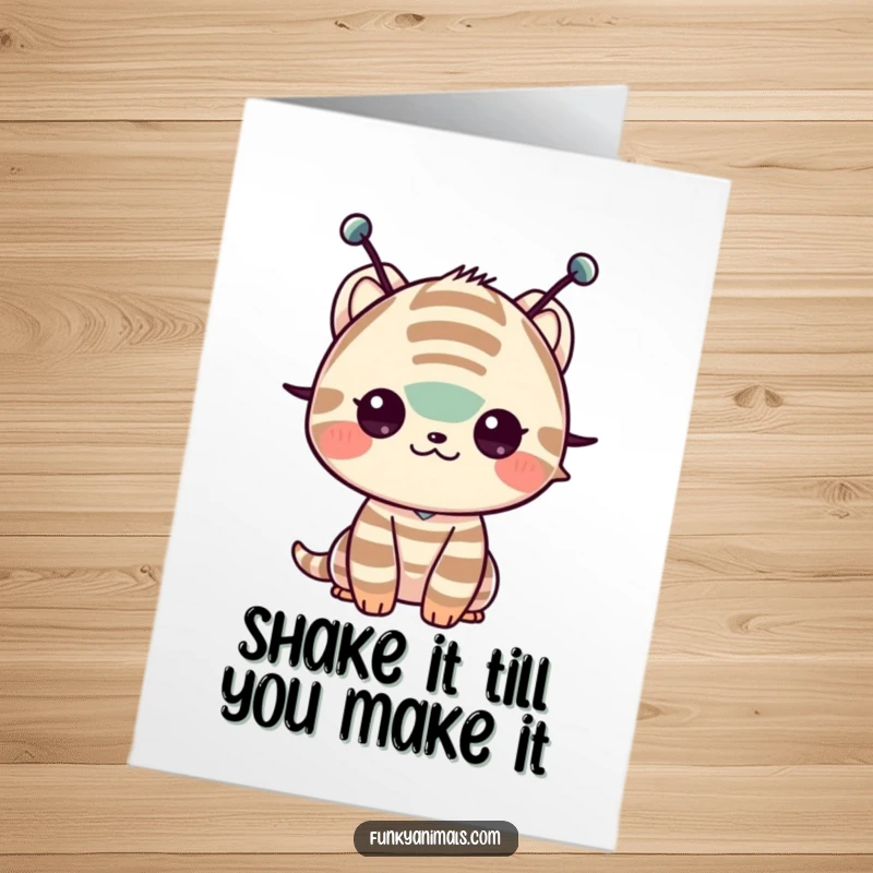 Funny Free Printable Birthday Card: Striped creature with antenna excitedly shimming its shoulders, a fun downloadable greeting.