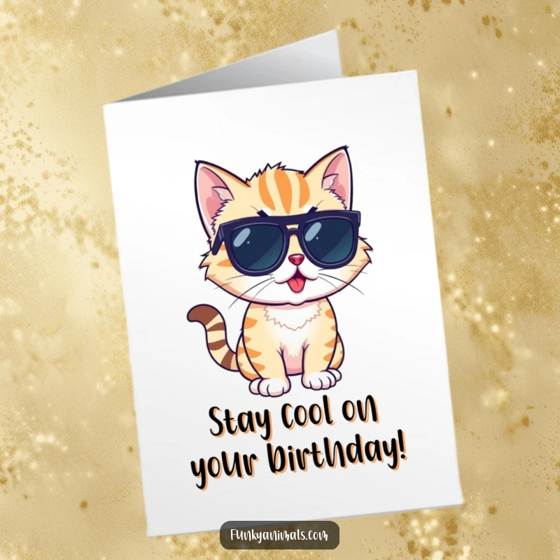 Funny Free Printable Birthday Card: A cool cat cub wearing sunglasses strikes a funky, hip pose ready to party.