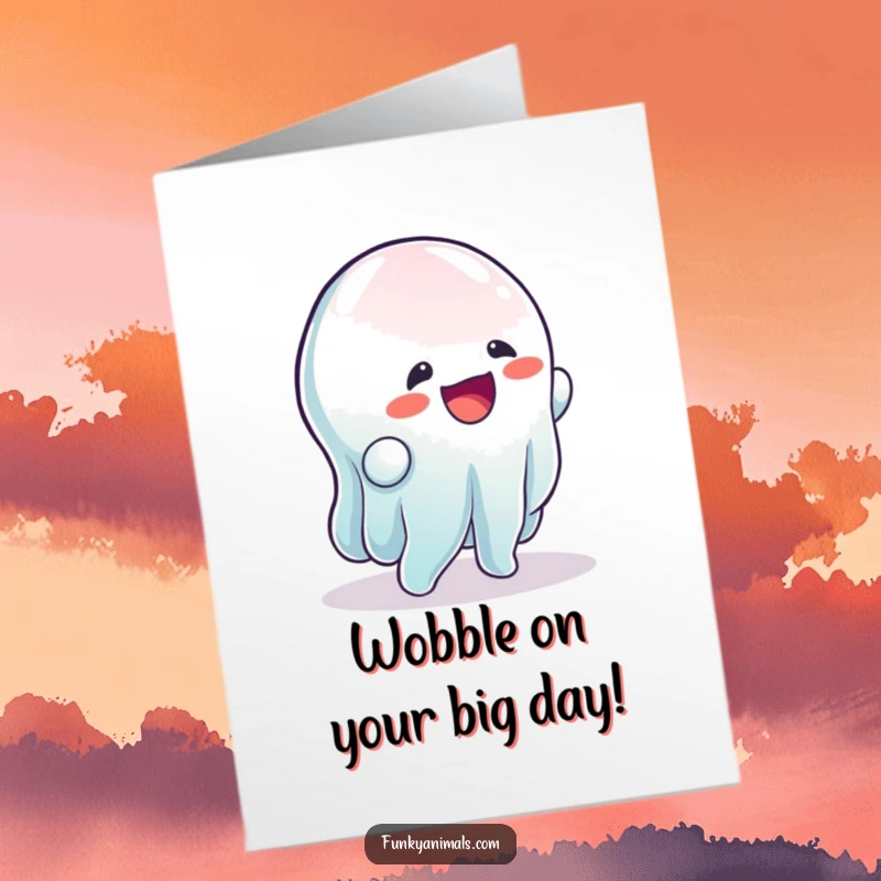 Funny Free Printable Birthday Card: A wobbly, gelatinous creature doing a hilarious rhythmic wobble, downloadable art.
