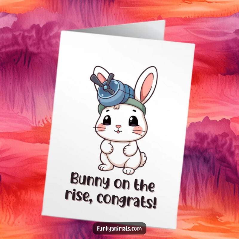 Funny Free Printable Congratulations Card: A rabbit sports a propeller beanie, poised for takeoff with excitement and anticipation.