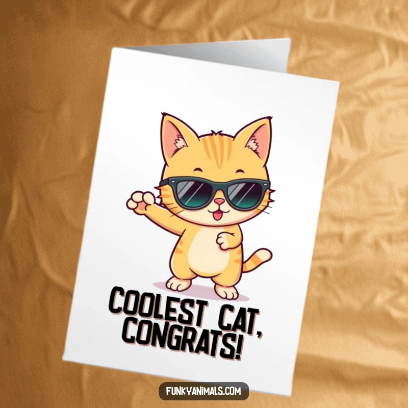 Funny free printable congratulations card featuring a cool cat in sunglasses doing a funky dance move to celebrate.
