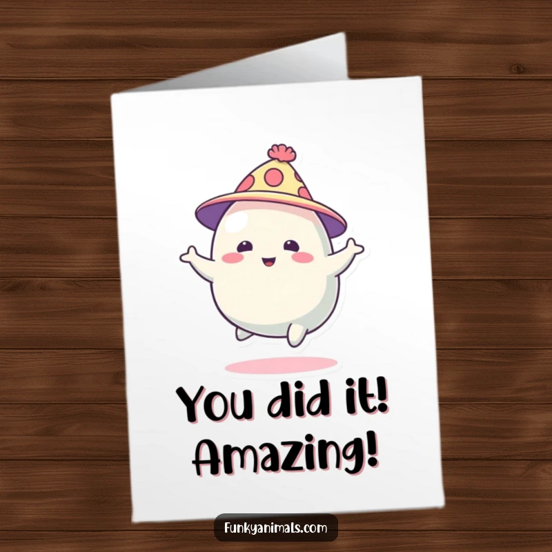 Funny Free Printable Blob Creature Card: Abstract blob wearing a hat, bouncing with excitement to congratulate someone.