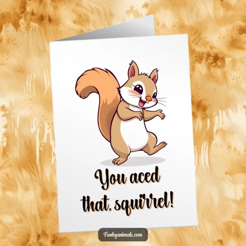 Funny free printable congratulations card of a breakdancing squirrel spinning on its tail, celebrating a victory.