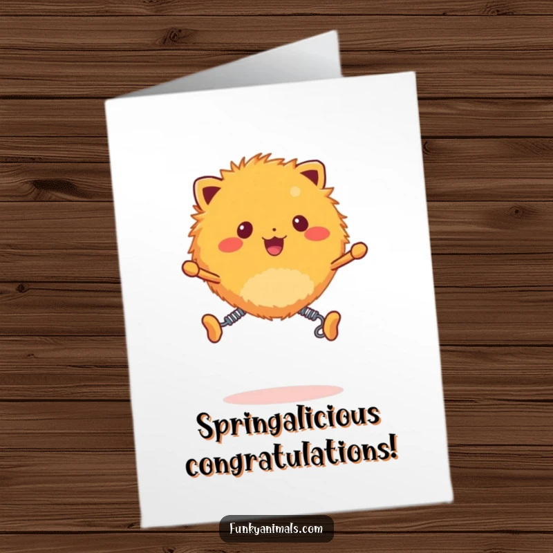 Funny Free Printable Congrats Card: Fuzzy orange creature with spring legs bounces energetically to celebrate your fantastic accomplishment.