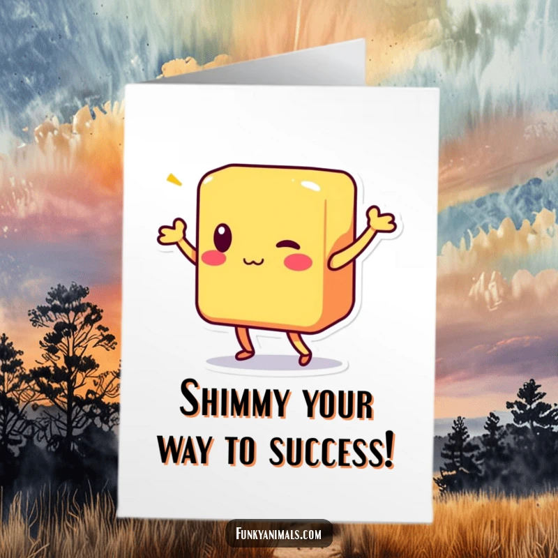 Funny Free Printable Congratulations Card: Square block character performing an ecstatic shimmy, celebrating success with pure joy.