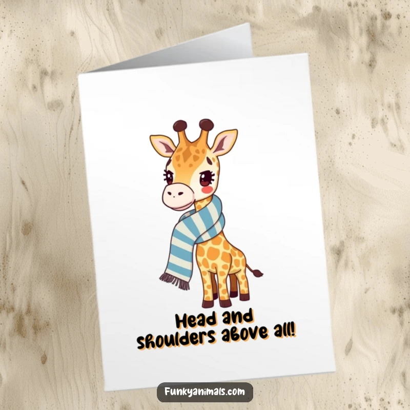 Funny Free Printable Congratulations Card: A giraffe with a long scarf towers over a celebration.