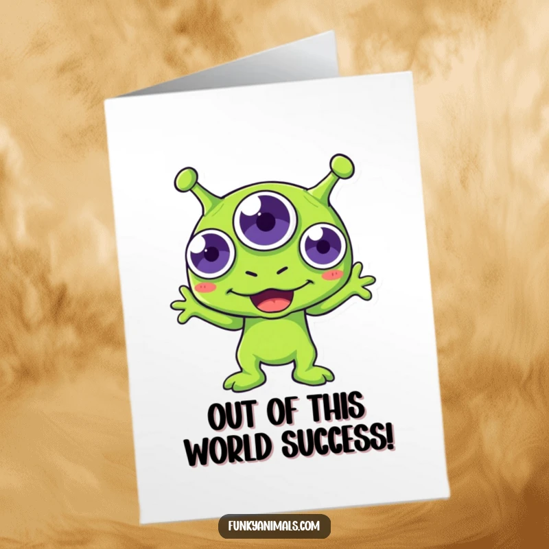 Funny Free Printable Congrats Card: Green alien with three eyes enthusiastically boogies to celebrate your amazing achievement.
