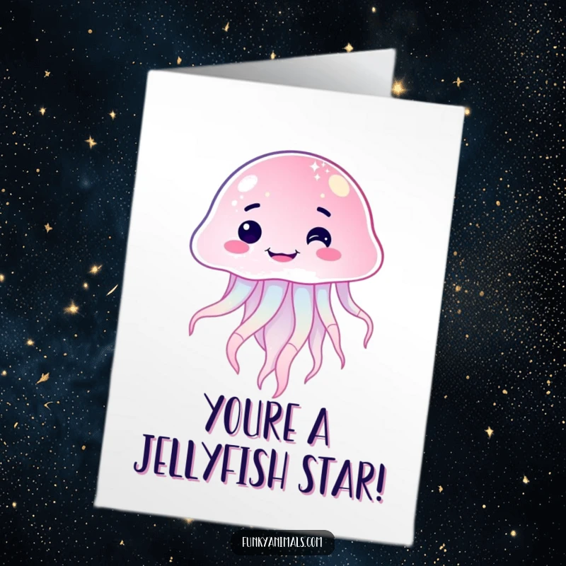 Funny Free Printable Congrats Card: Sparkling jellyfish with a goofy lopsided grin, perfect for celebrating any achievement.