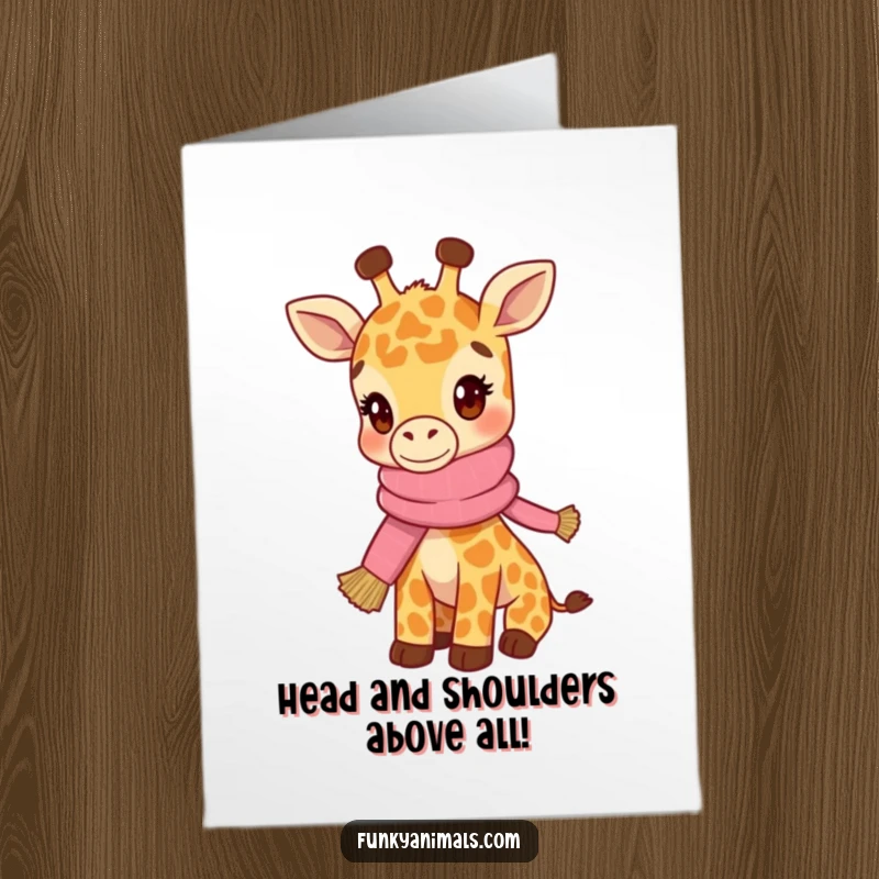 Funny Free Printable Congratulations Card: A fashionable giraffe cub in a scarf bobs its head, celebrating success.