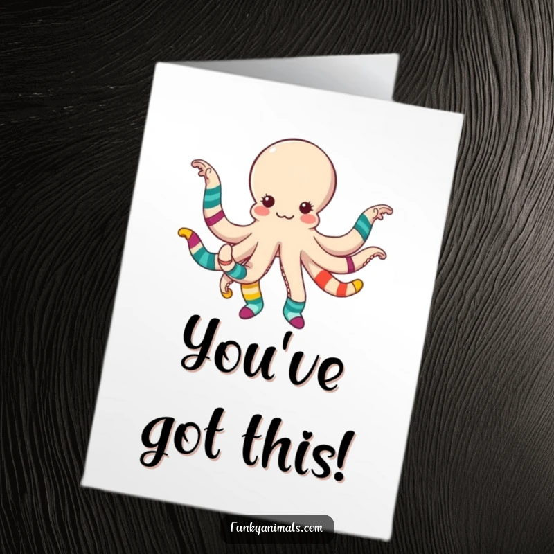 Funny Free Printable Congrats Card: A happy octopus dances energetically, showcasing its multiple mismatched colorful socks on each tentacle.