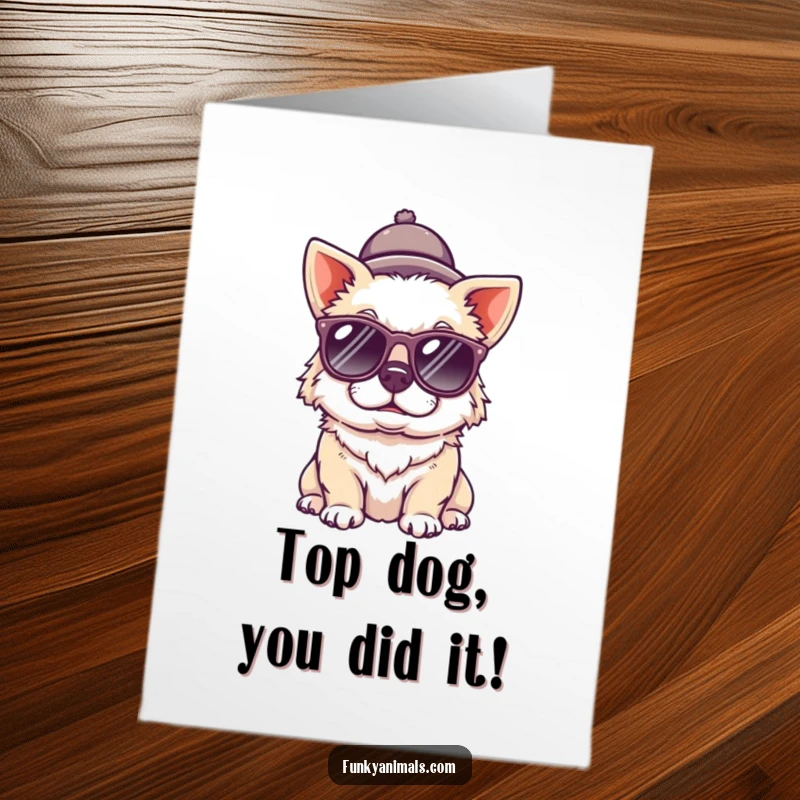 Funny Free Printable Congratulations Card: A cool dog in sunglasses and hat cheers enthusiastically.