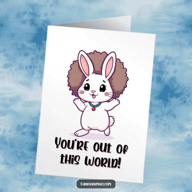 Funny Free Printable Congratulations Card: A funky rabbit with an afro wig doing the moonwalk, celebrating your amazing achievement with flair.