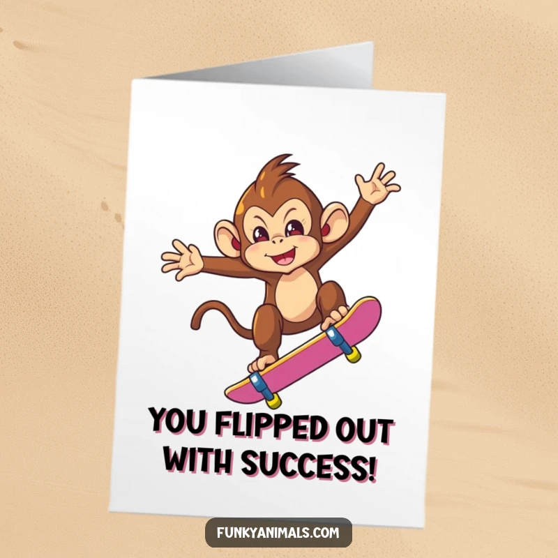 Funny Free Printable Congrats Card: Cool monkey on a skateboard mid-trick, cheering for your awesome accomplishment.