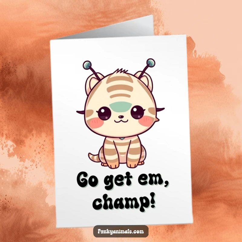 Funny Free Printable Congrats Card: Striped creature with antenna doing a happy shoulder shimmy, perfect for congratulations, downloadable art.