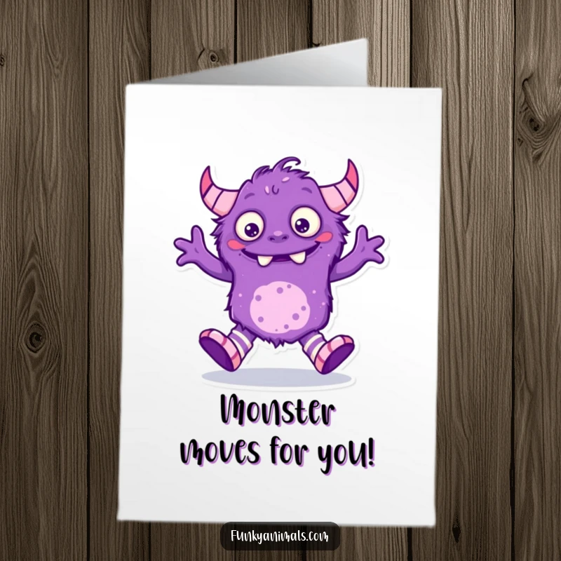 Funny Free Printable Congrats Card: Purple monster with mismatched socks performs a silly dance to celebrate your success.